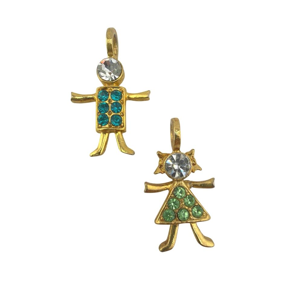 Vintage K.I.S. Gold Tone Rhinestone Girl and Boy Family Charms
